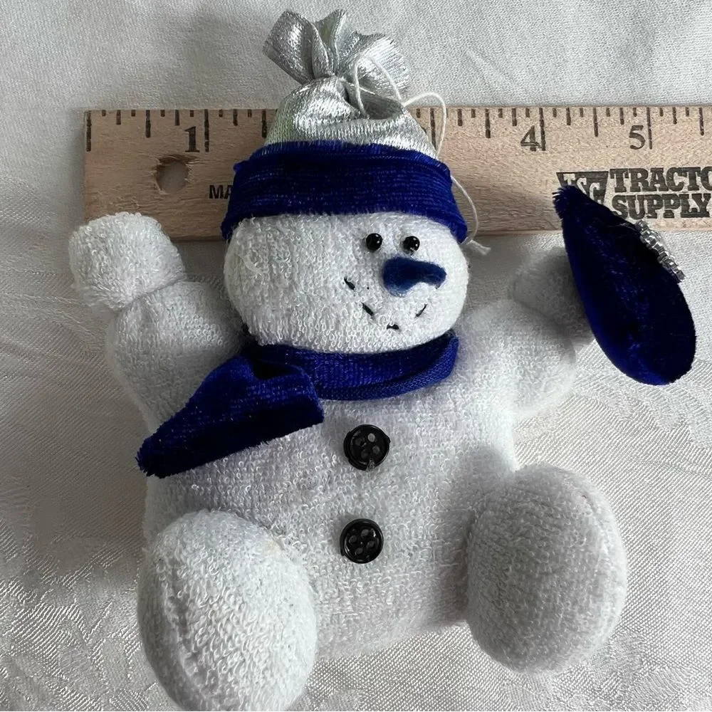 2 Hanging Stuffed Snowmen Blue White Chubby Soft Snowflake Christmas Tree Noel